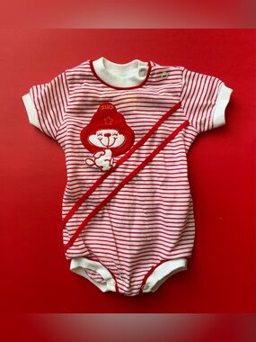 Vintage 80s jcpenney Red and White Striped Baby One-Piece with Bear Patch